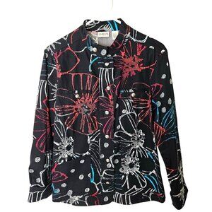 Chicos Womens Black Floral Button-Up Jacket  Colorful Red & Blue Print Size 1/M